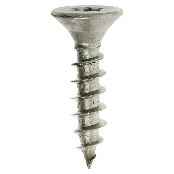 Profi Depot Spanplattenschraube A2 - Durchmesser: 4,5 mm, Länge: 20 mm, Edelstahl, TX für TORX-Antriebe, Vollgewinde, 200 Stk. - Nahaufnahme einer einzelnen Senkkopfschraube aus Metall vor einem schwarzen Hintergrund.