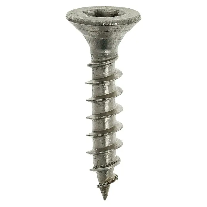 Profi Depot Spanplattenschraube A2 - Durchmesser: 4 mm, Länge: 20 mm, Edelstahl, TX für TORX-Antriebe, Vollgewinde, 200 Stk. - Nahaufnahme einer einzelnen versenkten Trockenbauschraube mit scharfen Gewinden und einem Senkkopf für bündige Oberflächen.