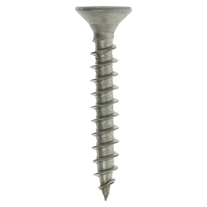 Profi Depot Spanplattenschraube A2 - Durchmesser: 4,5 mm, Länge: 30 mm, Edelstahl, TX für TORX-Antriebe, Vollgewinde, 200 Stk. - Nahaufnahme einer glänzenden, metallischen Holzschraube mit scharfem Gewinde und einem flachen Senkkopf auf schwarzem Hintergrund.