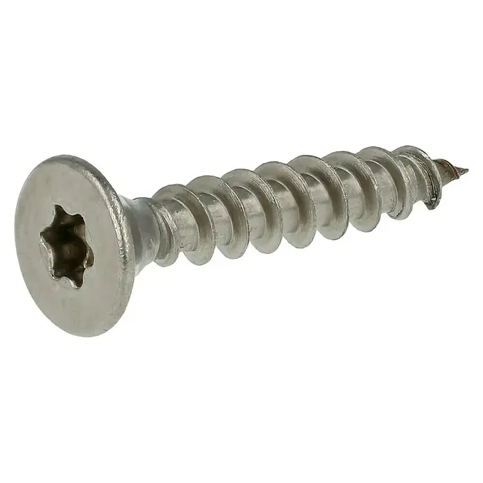 Profi Depot Spanplattenschraube A2 - Durchmesser: 4,5 mm, Länge: 25 mm, Edelstahl, TX für TORX-Antriebe, Vollgewinde, 200 Stk. - Nahaufnahme einer rostfreien Stahlschraube mit Torx-Antrieb und scharfem Gewinde, ideal für Holz- und Metallarbeiten.