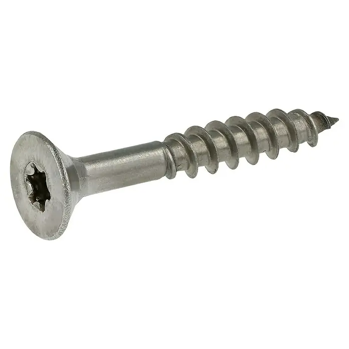 Profi Depot Spanplattenschraube A2 - Durchmesser: 6 mm, Länge: 40 mm, Edelstahl, TX für TORX-Antriebe, Teilgewinde, 100 Stk. - Nahaufnahme einer silberfarbenen Torx-Holzschraube mit scharfen Gewinden, die sich ideal für Holzbearbeitungsprojekte eignet.