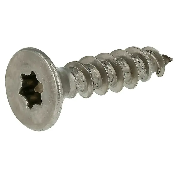 Profi Depot Spanplattenschraube A2 - Durchmesser: 4,5 mm, Länge: 20 mm, Edelstahl, TX für TORX-Antriebe, Vollgewinde, 200 Stk. - Nahaufnahme einer Torx-Holzschraube mit Senkkopf aus Edelstahl, ideal für Holzverbindungen. Das scharfe Gewinde sorgt für festen Halt.