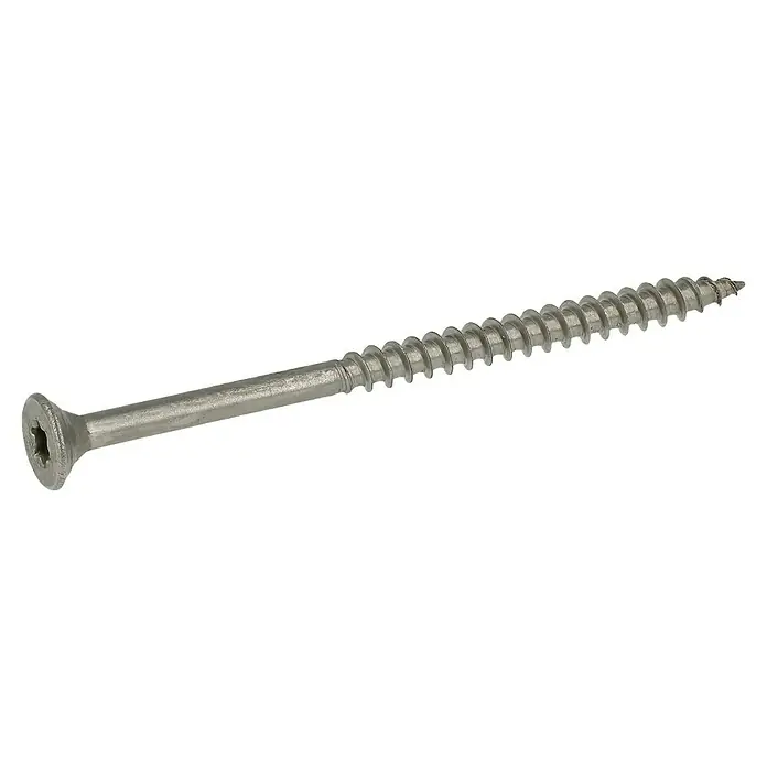 Profi Depot Spanplattenschraube A2 - Durchmesser: 5 mm, Länge: 80 mm, Edelstahl, TX für TORX-Antriebe, Teilgewinde, 75 Stk. - Nahaufnahme einer einzelnen, silberfarbenen Holzschraube mit Senkkopf und Torx-Antrieb auf schwarzem Hintergrund.