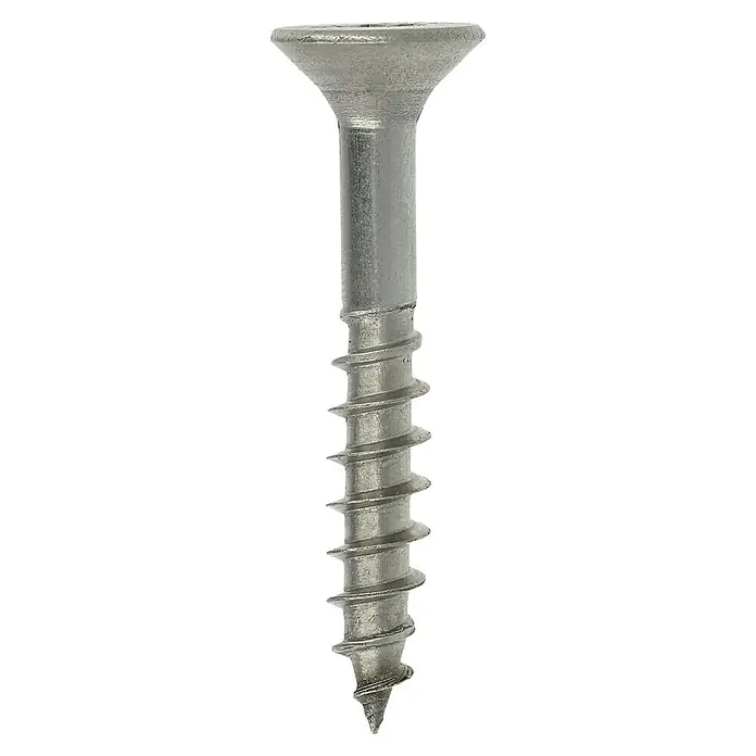 Profi Depot Spanplattenschraube A2 - Durchmesser: 6 mm, Länge: 40 mm, Edelstahl, TX für TORX-Antriebe, Teilgewinde, 100 Stk. - Nahaufnahme einer einzelnen Senkkopfschraube mit scharfen Gewinden auf einem schwarzen Hintergrund.