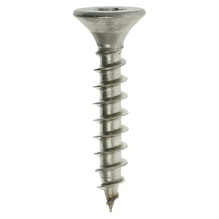 Profi Depot Spanplattenschraube A2 - Durchmesser: 4,5 mm, Länge: 25 mm, Edelstahl, TX für TORX-Antriebe, Vollgewinde, 200 Stk. - Nahaufnahme einer einzelnen Senkkopfschraube aus Metall mit scharfen Gewindegängen auf schwarzem Hintergrund.