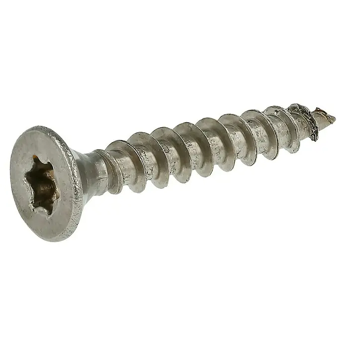 Profi Depot Spanplattenschraube A2 - Durchmesser: 4 mm, Länge: 25 mm, Edelstahl, TX für TORX-Antriebe, Vollgewinde, 200 Stk. - Nahaufnahme einer silbernen Torx-Holzschraube mit scharfem Gewinde vor schwarzem Hintergrund.