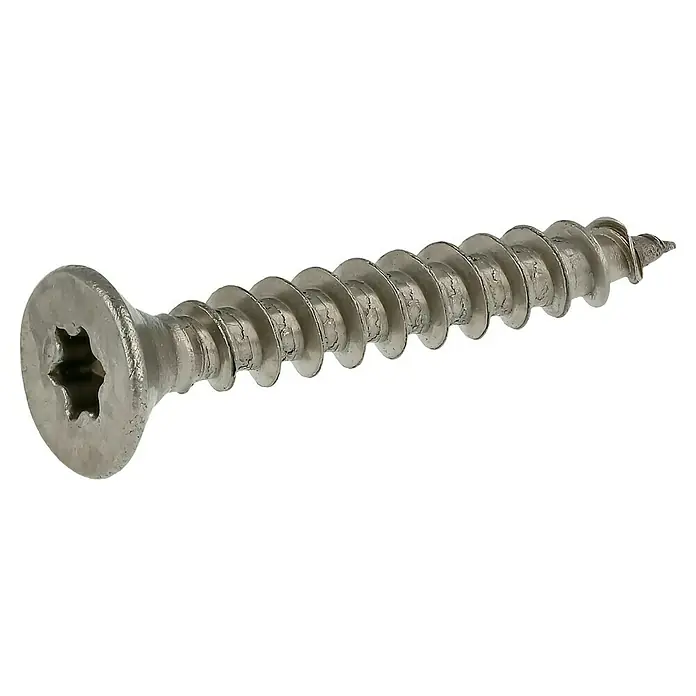 Profi Depot Spanplattenschraube A2 - Durchmesser: 4,5 mm, Länge: 30 mm, Edelstahl, TX für TORX-Antriebe, Vollgewinde, 200 Stk. - Nahaufnahme einer Edelstahlschraube mit Torx-Antrieb und scharfen Gewindegängen auf schwarzem Hintergrund.