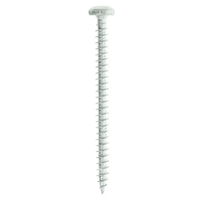 Profi Depot Spanplattenschraube VZ - 6 x 80 mm, 20 Stk., Verzinkt, TX für TORX-Antriebe - Nahaufnahme einer silbern glänzenden Holzschraube mit einem flachen Kopf und einem scharfen Gewinde. Ideal für Holzverbindungen.