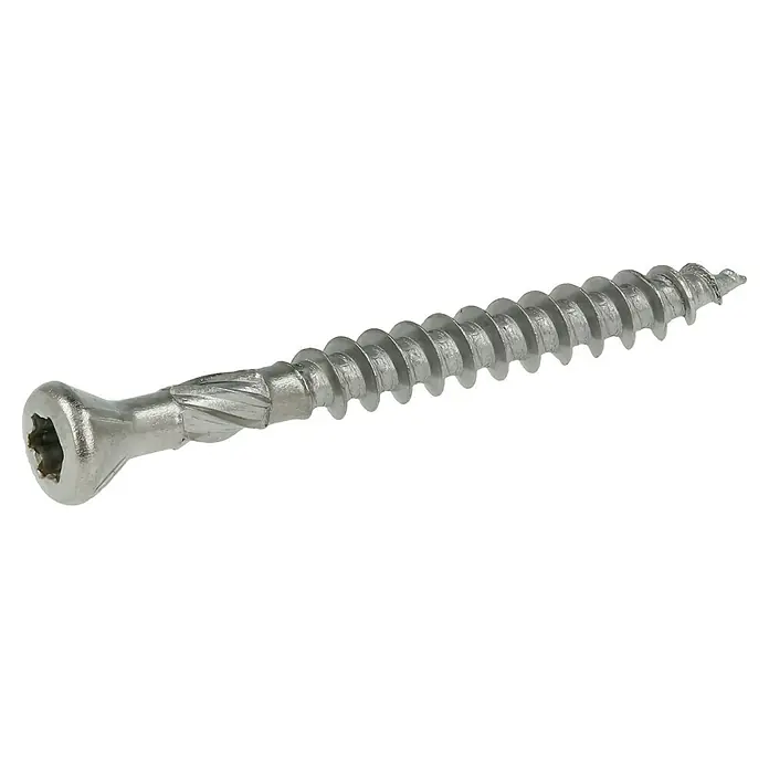Profi Depot H-Paneelschrauben Turbo Drill - Durchmesser: 4 mm, Länge: 40 mm, Edelstahl, TX für TORX-Antriebe, Senkkopf, 200 Stk. - Nahaufnahme einer einzelnen, silberfarbenen Holzschraube mit einem Innensechsrund-Antrieb und einem scharfen Gewinde.
