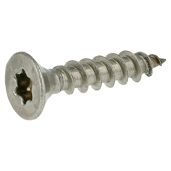 Profi Depot Spanplattenschraube A2 - Durchmesser: 4 mm, Länge: 20 mm, Edelstahl, TX für TORX-Antriebe, Vollgewinde, 200 Stk. - Nahaufnahme einer Edelstahlschraube mit Torx-Antrieb und scharfen Gewindegängen auf schwarzem Hintergrund.