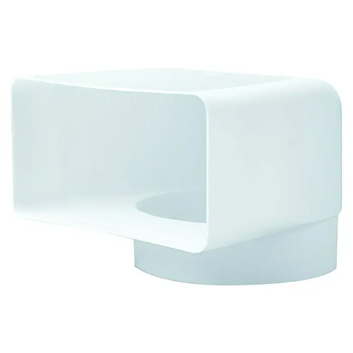 Codo vertical mixto Tubpla - Diámetro: 125 mm, 90 ° - Esta imagen muestra una campana de techo rectangular blanca con una base redonda, sobre un fondo negro. Parece moderno y funcional.