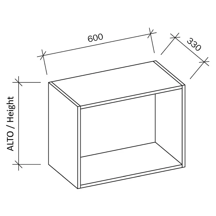 Mueble alto de cocina abatible / sobre campana / sobre frigorífico - An x Pr x Al: 60 x 33 x 35 cm - Vista isométrica de un estante con dimensiones de 600 x 330 y altura indicada. Mueble práctico para el orden.