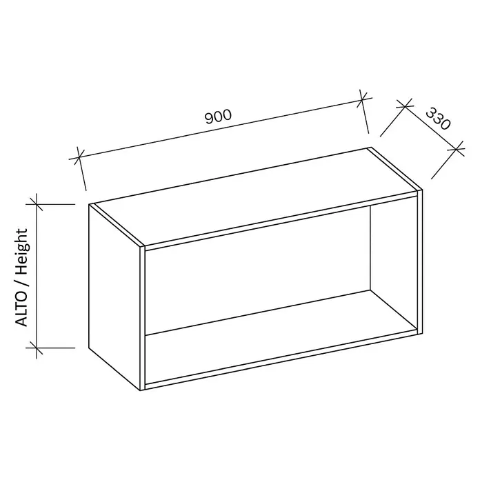 Mueble alto de cocina abatible estándar - An x Pr x Al: 90 x 33 x 35 cm - Ilustración de un armario abierto de pared, con medidas de 900 x 330 e indicación de "Alto", mostrado en vista isométrica.