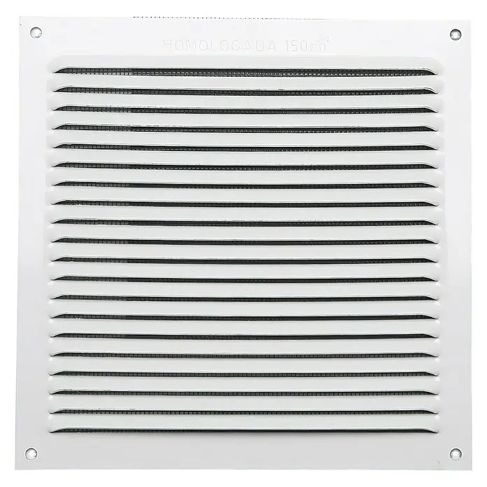 Rejilla de ventilación - 150 x 150 mm, Cuadrado - Rejilla de ventilación cuadrada blanca con listones horizontales y la inscripción "HOMOLOGADA 150cm²".