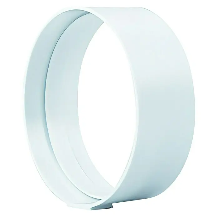 Empalme para tubo redondo Tubpla - 125 mm, Blanco - Primer plano de un conector de conducto de ventilación blanco, utilizado para unir conductos de ventilación. El producto está aislado sobre un fondo negro.