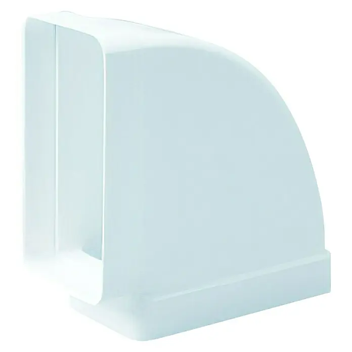 Codo horizontal rectangular Tubpla - Diámetro: 125 mm, 90 ° - Codo de conducto rectangular blanco para sistemas de ventilación para cambiar la dirección del flujo de aire sobre fondo negro.