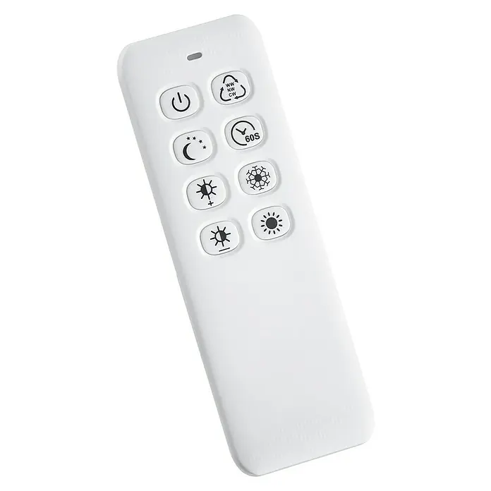 LED-Deckenleuchte Circle - 27 W, L x B x H: 43,5 x 43,5 x 9,5 cm, Nickel-matt, Mehrfarbig - Nahaufnahme einer weißen Fernbedienung mit verschiedenen Tasten zur Steuerung eines Geräts.