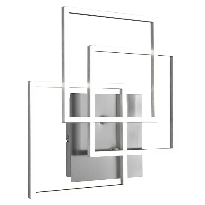 Reality Leuchten LED-Deckenleuchte Mobile - 28 W, L x B x H: 42 x 39 x 10 cm, Nickel-matt - Nahaufnahme einer modernen Wandleuchte mit überlappenden, quadratischen Rahmen, die ein stilvolles und helles Ambiente schaffen.