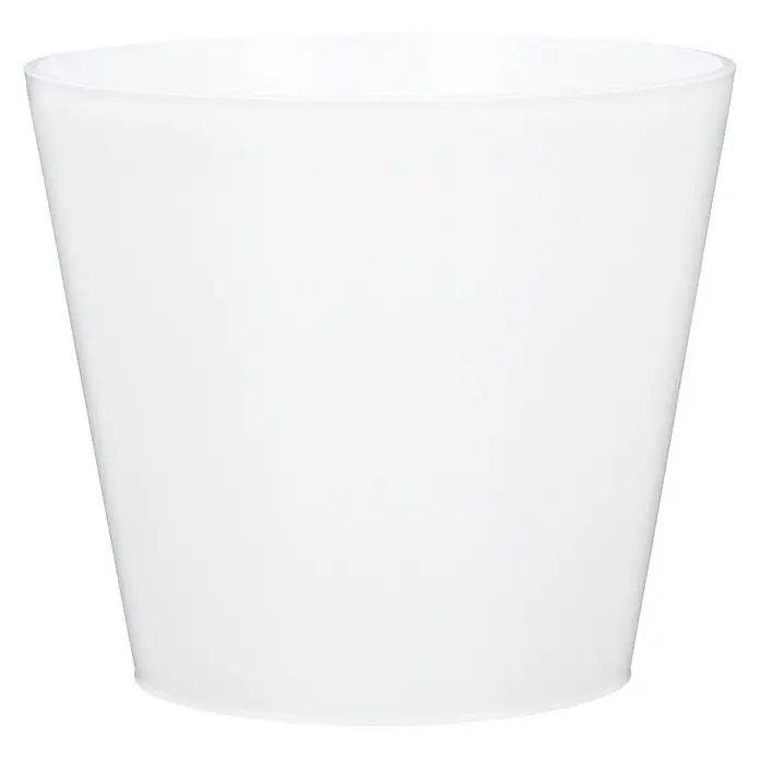 Scheurich Übertopf rund Purista - Außenmaß (Ø x H): 30 x 24,2 cm, Bianco, Kunststoff - Nahaufnahme eines schlichten, weißen Pflanzgefäßes mit leicht ausgestellter Form und weichen Konturen vor schwarzem Hintergrund.