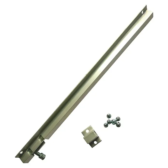 Cerradura adicional para ventanas - Largo: 300 mm, Aluminio, Plateado - La imagen muestra un conjunto de cerrojo de superficie con una barra robusta, un soporte y una perilla de cuatro alas, ideal para puertas seguras.