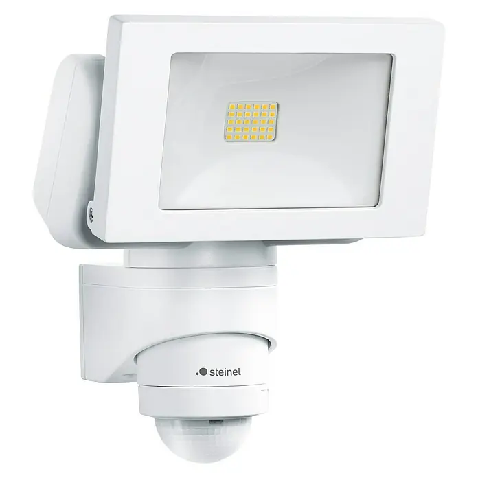 Steinel LED-Sensor-Strahler LS 150 S weiß - 14,7 W, L x B x H: 17 x 15,5 x 21,5 cm, Weiß, IP44 - Bild einer weißen Steinel-Außenleuchte mit Bewegungsmelder, ideal für die Beleuchtung von Außenbereichen und zur Erhöhung der Sicherheit rund ums Haus.