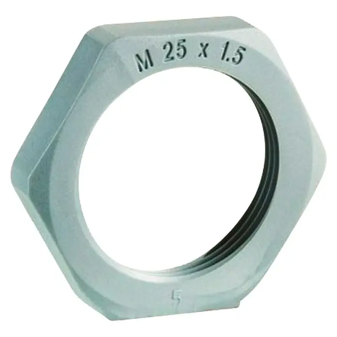 Tuerca hexagonal de poliamida PG16 - M 27, Diámetro: 1,5 mm - Primer plano de una tuerca hexagonal gris claro, marcada M25 x 1.5, que se utiliza normalmente para fijaciones.