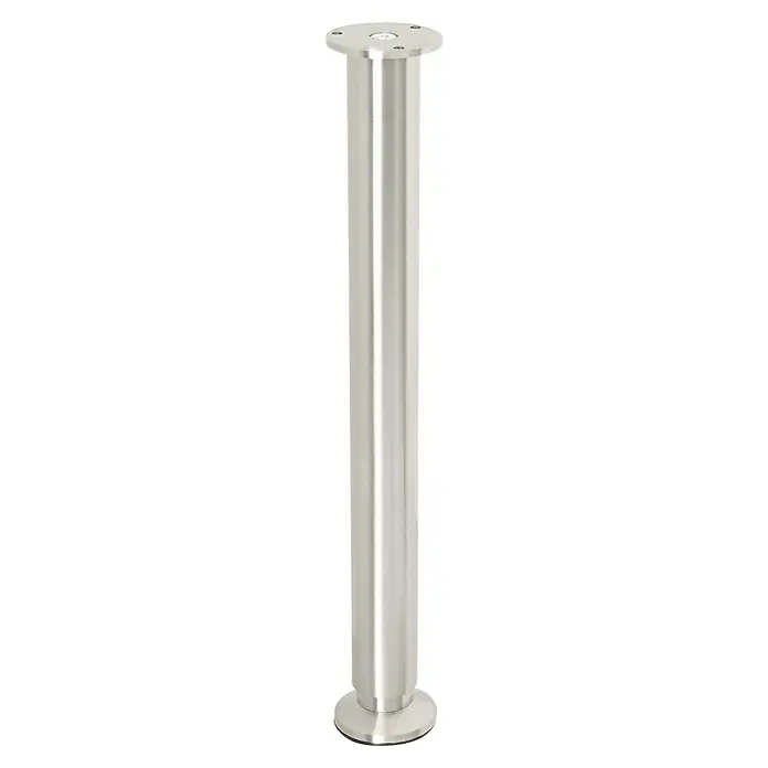 Wagner System Teleskop-Möbelfuß - Durchmesser: 3,8 cm, Höhenverstellung: 40 cm - 41,8 cm, Stahl - Nahaufnahme eines silbernen Tischbeins mit flachem Boden und Oberseite.