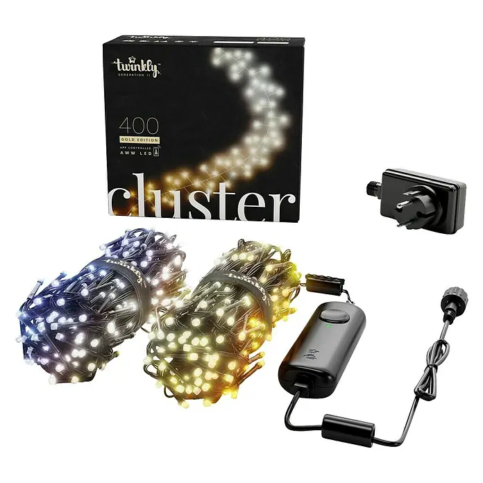 Twinkly Cadena de luces LED Cluster - Para exterior, Largo: 6 m, 400 ud., Funcionamiento en red, Color de luz: Ámbar - Cadena de luces Twinkly Cluster: 400 LED AWW Gold Edition con control por app, ideal para iluminación festiva y personalizable.