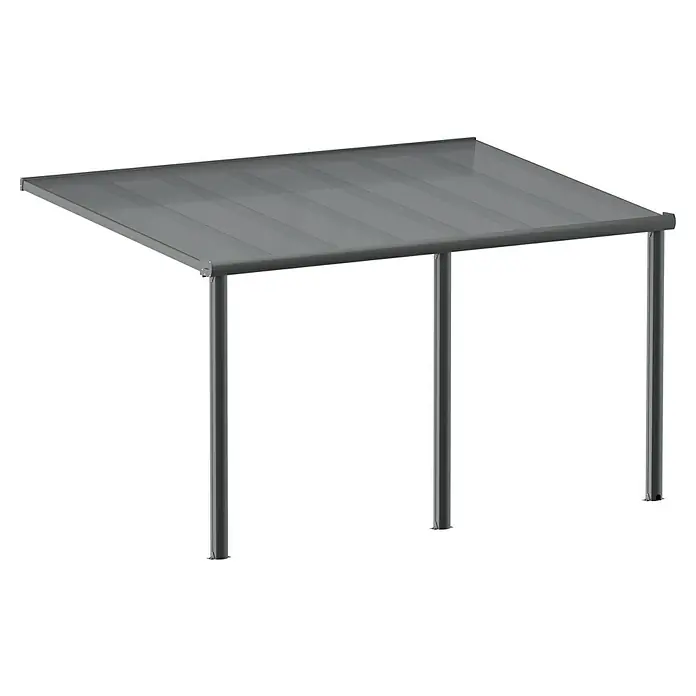 Gardendreams Terrassenüberdachung Comfort - B x T: 424 x 250 cm, Anthrazitgrau, Polycarbonat, Transparent - Eine graue Terrassenüberdachung mit schlanken Pfosten und einer geneigten Dachfläche bietet Schutz vor Sonne und Regen.