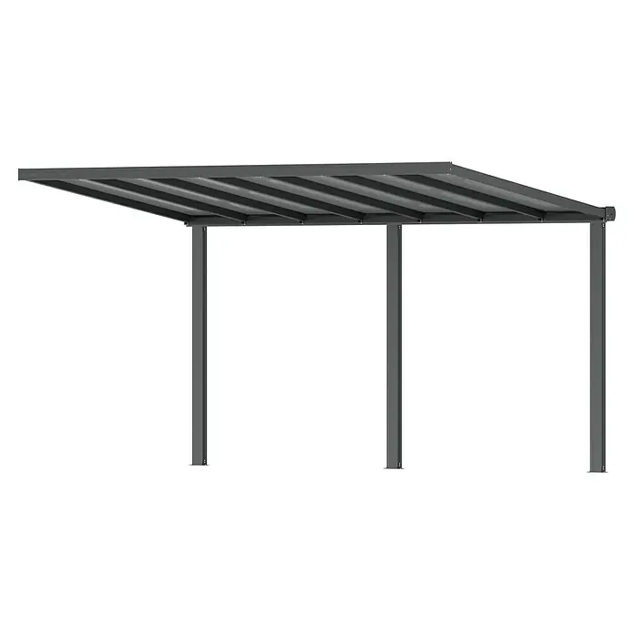 Gardendreams Terrassenüberdachung Comfort - B x T: 424 x 250 cm, Anthrazitgrau, Polycarbonat, Transparent - Das Bild zeigt ein graues Terrassendach mit drei Pfosten. Das Terrassendach ist modern und minimalistisch gestaltet und bietet Schatten im Garten.