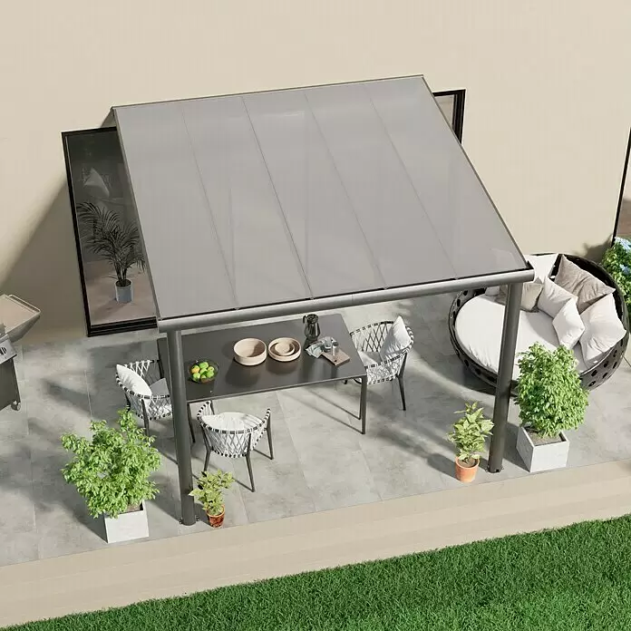 Gardendreams Terrassenüberdachung Comfort - B x T: 304 x 300 cm, Anthrazitgrau, Polycarbonat, Transparent - Moderne graue Pergola mit lichtdurchlässigem Dach, schützt Essbereich und Lounge auf einer Terrasse.