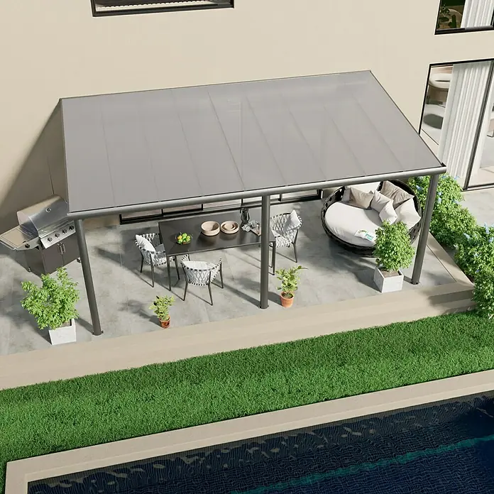 Gardendreams Terrassenüberdachung Comfort - B x T: 544 x 300 cm, Anthrazitgrau, Polycarbonat, Transparent - Ein modernes Terrassendach mit Grill, Esstisch und Lounge-Bereich bietet einen stilvollen Außenbereich zum Entspannen und Genießen.