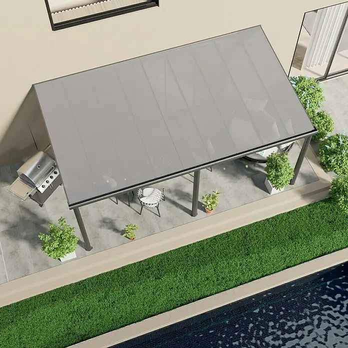 Gardendreams Terrassenüberdachung Comfort - B x T: 544 x 300 cm, Anthrazitgrau, Polycarbonat, Transparent - Moderne Terrassenüberdachung mit Grillplatz, Sitzbereich und Pool für entspannte Stunden im Freien. Stilvolles Design für jeden Garten.