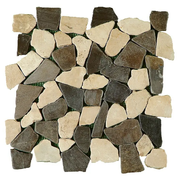 Malla mosaico Rocaplana Zebra - 30 x 30 cm, Negro/Beige - Primer plano de un mosaico hecho de piedras naturales en varios tonos de marrón y beige, ideal para diseños elegantes de paredes y suelos.