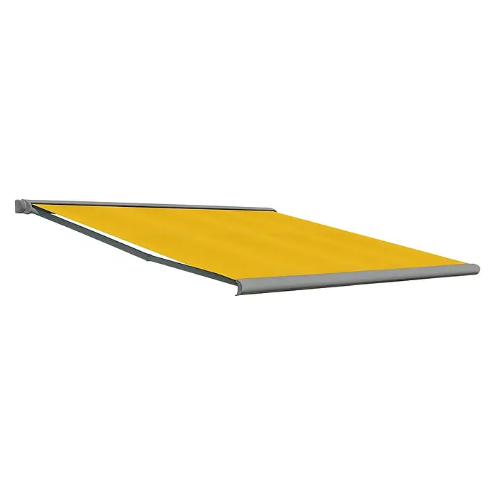 Deyo Limassol Vollkassettenmarkise - Gelb, Farbe Gestell: Weißaluminium Feinstruktur, Breite: 5,5 m, Ausfall: 3,5 m - Gelbe Markise mit einem grauen Rahmen. Sie spendet Schatten und ist ideal für den Außenbereich.