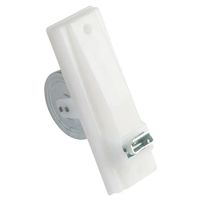 Recogedor de cinta de persiana de embutir - Empotrado, Anchura de la correa: 22 mm - Vista lateral de un dispensador de jabón blanco con detalles metálicos, ideal para baño o cocina.