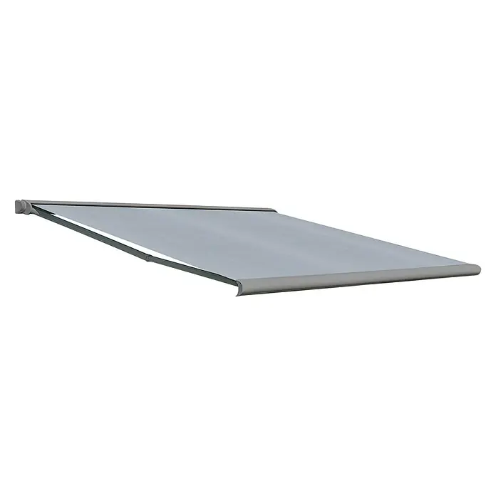 Deyo Limassol Vollkassettenmarkise - Hellgrau, Farbe Gestell: Weißaluminium Feinstruktur, Breite: 5,5 m, Ausfall: 3,5 m - Bild einer ausfahrbaren Markise in einem neutralen Grau. Die Markise spendet Schatten und schützt vor Sonne.