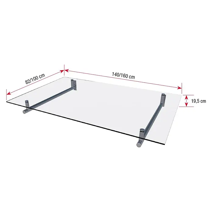 Gutta Vordach HD - 160 x 100 x 19,5 cm, Edelstahl - Abbildung einer Glasablage mit den Maßen 140/70/1,5 cm, gehalten von Metallstützen. Ideal für Badezimmer oder Wohnzimmer.
