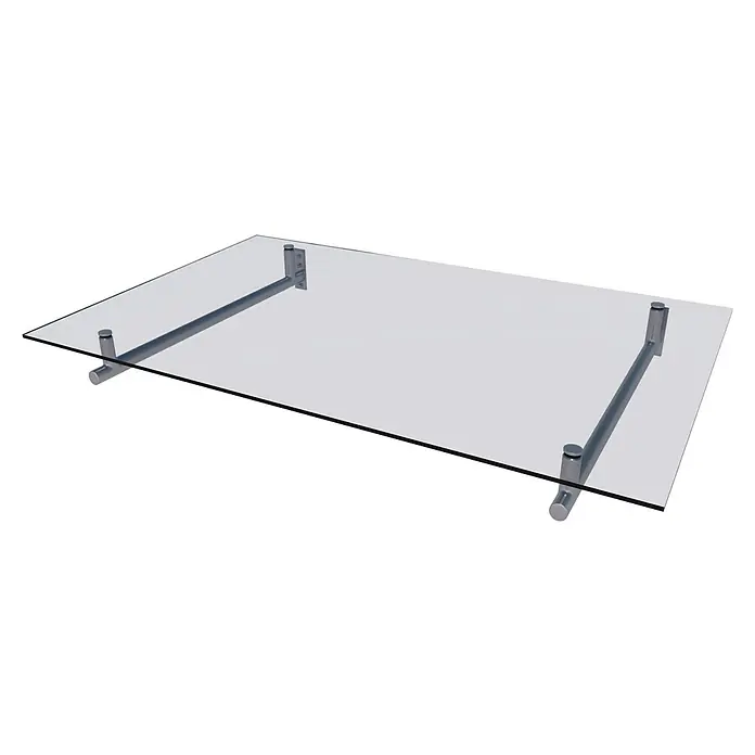 Gutta Vordach HD - 160 x 100 x 19,5 cm, Edelstahl - Nahaufnahme eines modernen Glasregals mit Stahlstützen, das elegantes Design und Funktionalität für moderne Innenräume vereint.