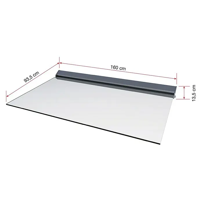 Gutta Vordach LED - 160 x 93,5 x 13,5 cm, Silber, Klarglas - Produktbild einer Duschrinne aus Glas mit Maßangaben von 160 cm Länge, 93,5 cm Breite und 13,5 cm Höhe.