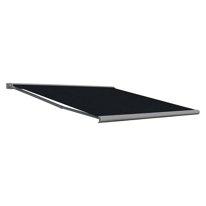 Deyo Limassol Vollkassettenmarkise - Anthrazit, Farbe Gestell: Weißaluminium Feinstruktur, Breite: 5 m, Ausfall: 3,5 m - Nahaufnahme einer eleganten, ausfahrbaren Markise mit grauem Rahmen und dunklem Stoff, ideal für Schatten und Sonnenschutz im Freien.