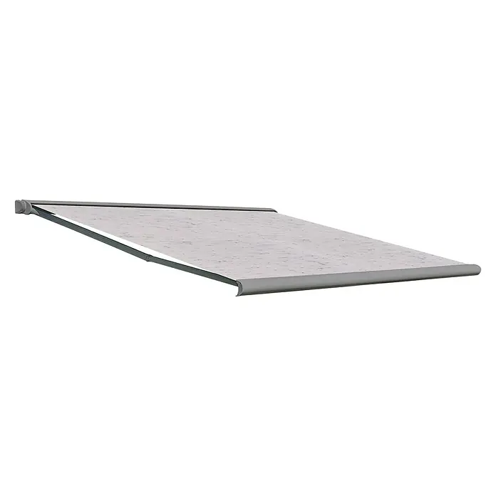 Deyo Limassol Vollkassettenmarkise - Beige meliert, Farbe Gestell: Weißaluminium Feinstruktur, Breite: 5 m, Ausfall: 3,5 m - Bild einer ausgefahrenen, grauen Markise. Sie bietet Schatten und Schutz vor Sonne und Regen auf Terrassen und Balkonen.