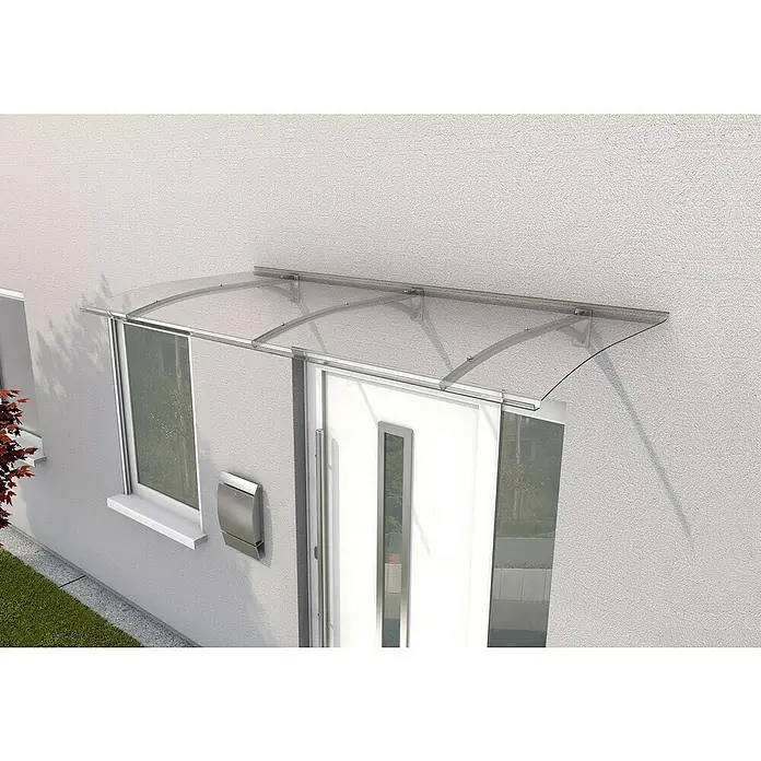 Gutta Pultvordach PT Secco - 200 x 90 x 22 cm, Edelstahloptik - Eine moderne Haustürvordachkonstruktion aus transparentem Material mit Metallbefestigungen.