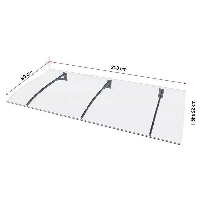 Gutta Pultvordach PT Secco - 200 x 90 x 22 cm, Anthrazitgrau - Darstellung einer transparenten Vordachkonstruktion mit den Maßen 200 cm Breite, 90 cm Tiefe und 22 cm Höhe.