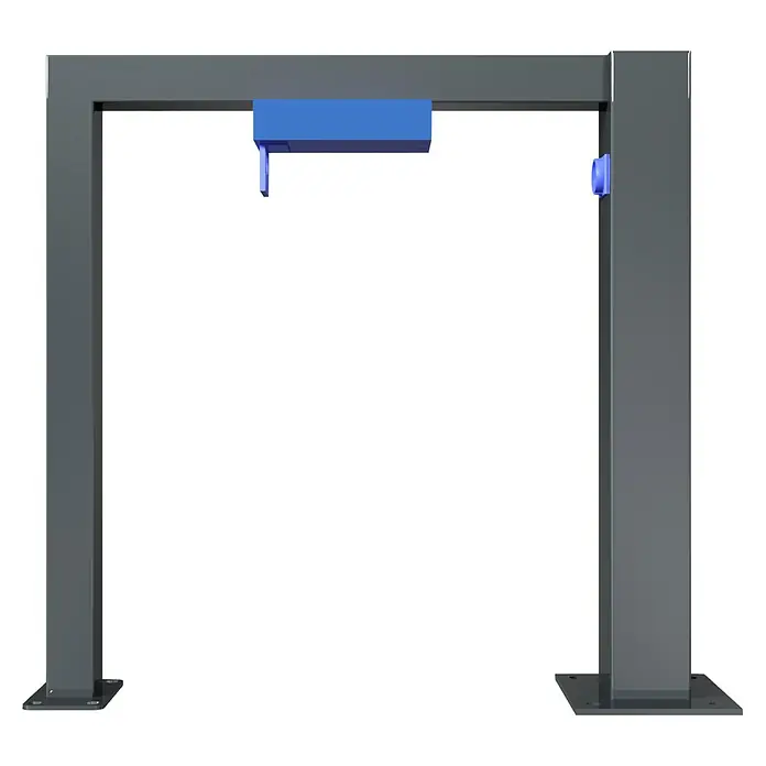 Schake Fahrradständer - L x B x H: 10 x 80 x 80 cm, 1 Bügel - Graue Rahmenstruktur mit blauen Elementen, die an einer Decke oder einem anderen horizontalen Element befestigt ist und ein modernes Design aufweist.