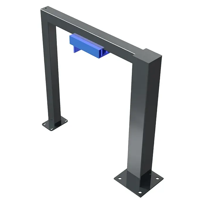 Schake Fahrradständer - L x B x H: 10 x 80 x 80 cm, 1 Bügel - Darstellung einer modernen, grauen Fahrradhalterung mit einem blauen Detail. Ideal für sicheres Parken von Fahrrädern im öffentlichen Raum.