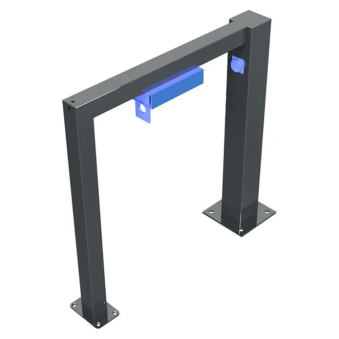 Schake Fahrradständer - L x B x H: 10 x 80 x 80 cm, 1 Bügel - Produktansicht eines modernen grauen Fahrradständers mit blauen Akzenten, ideal für stilvolle und sichere Fahrradaufbewahrung im Freien.