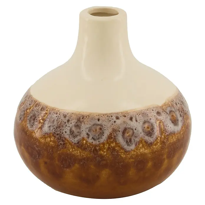 Vase - Ø x H: 12,5 x 12 cm, Keramik, Braun - Dekoratives Keramikgefäß in Creme- und Brauntönen, ideal für die stilvolle Präsentation von Blumen oder als attraktives Deko-Element im Raum.