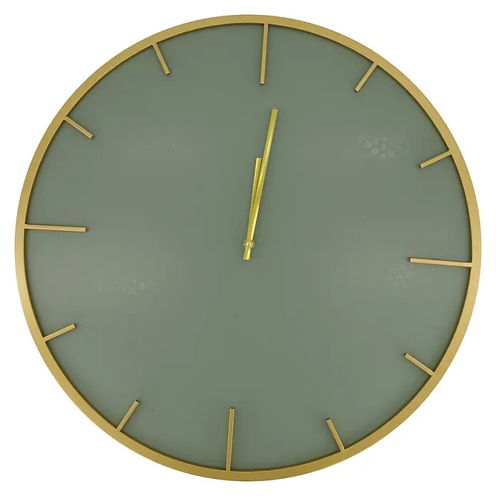 Wanduhr - Durchmesser: 60 cm, Mintgrün, Eisen - Eine elegante Wanduhr mit einem grünen Zifferblatt und goldenen Zeigern, die 12 Uhr anzeigt. Das schlichte Design ergänzt jede moderne Einrichtung.