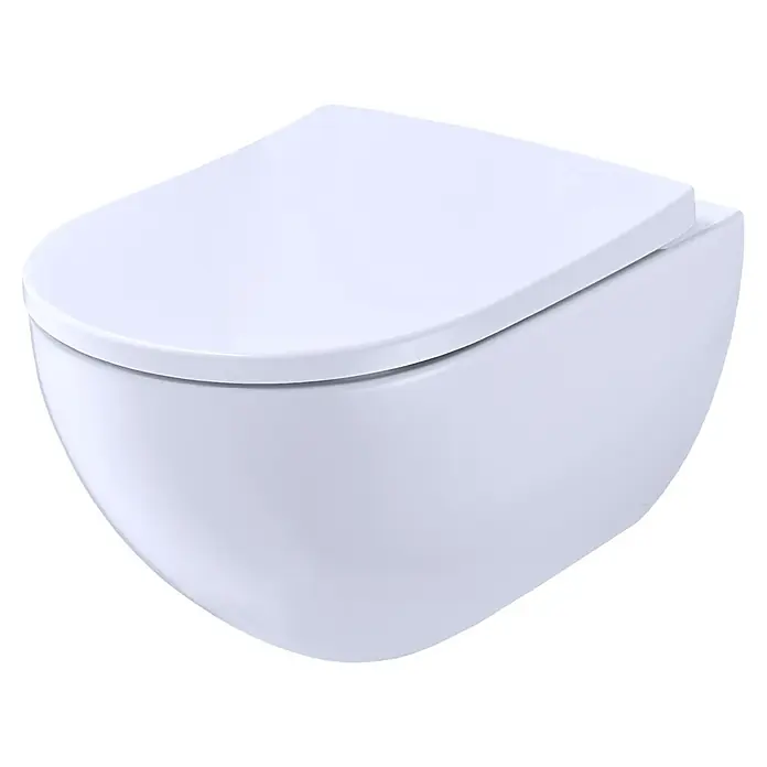 Geberit Acanto Wand-WC-Set - Spülrandlos, Ohne Spezialglasur, Spülform: Tief, WC Abgang: Waagerecht, Weiß - Nahaufnahme einer modernen, weißen wandhängenden Toilette. Das Design ist minimalistisch und elegant, perfekt für ein stilvolles Badezimmer.